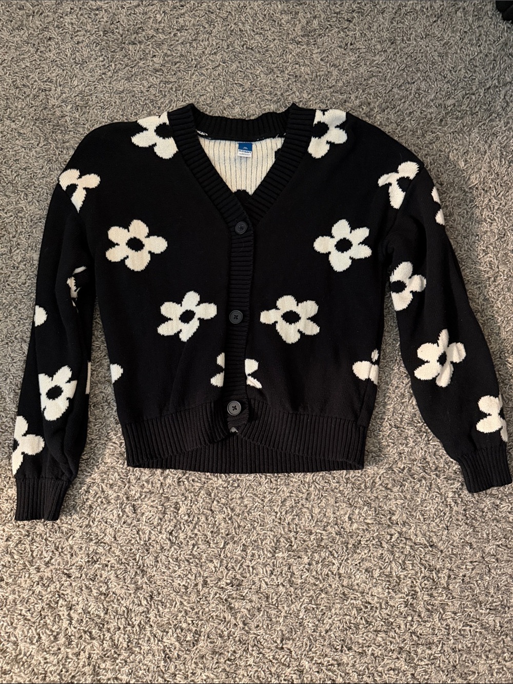 Girls Black Floral Cardigan Sweater - White Flower Pattern